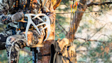 Hunter in camouflage seated in a tree stand holding shed antlers; arrows and backpack nearby
