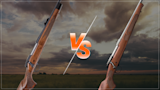 Two bolt-action rifles angled toward center with large orange "VS" text