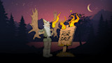 Cartoon gnome with antlers holding torch beside burning sign reading PUBLIC LAND FOR SALE at dusk