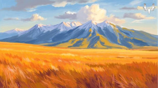 Golden field with blue, snow-capped mountains and MeatEater antler logo top-right