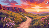 Sunset over prairie trail with wildflowers, cliffs at left, MeatEater logo top-right
