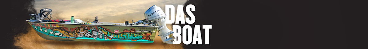 Colorful painted aluminum boat with fish mural, Honda outboard, and large white text DAS BOAT