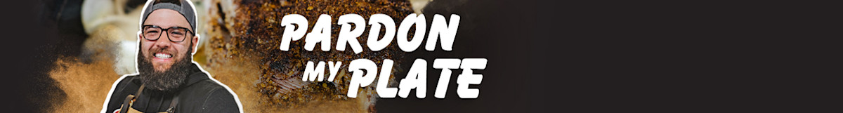 Smiling bearded man in backward cap and glasses beside text "PARDON MY PLATE"