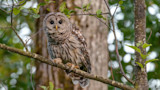 Barred owl perched on a branch in leafy forest