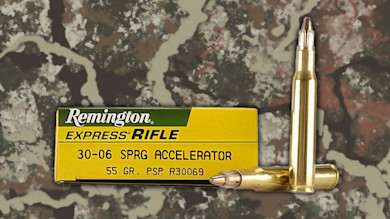 Remington Express Rifle box reading "30-06 SPRG ACCELERATOR 55 GR. PSP" with two rifle cartridges