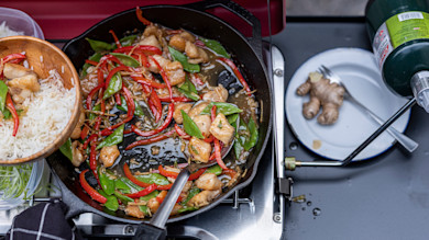 Cast-iron stir-fry with chicken, red pepper and snow peas on camp stove; rice and ginger