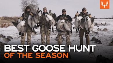 Four hunters in camouflage holding geese in snowy field, text: BEST GOOSE HUNT OF THE SEASON