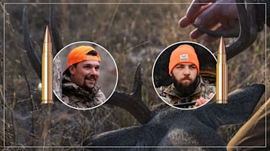 Two hunters in orange caps over moose head and antlers, rifle cartridges flank circles; beanie reads "MEATEATER"