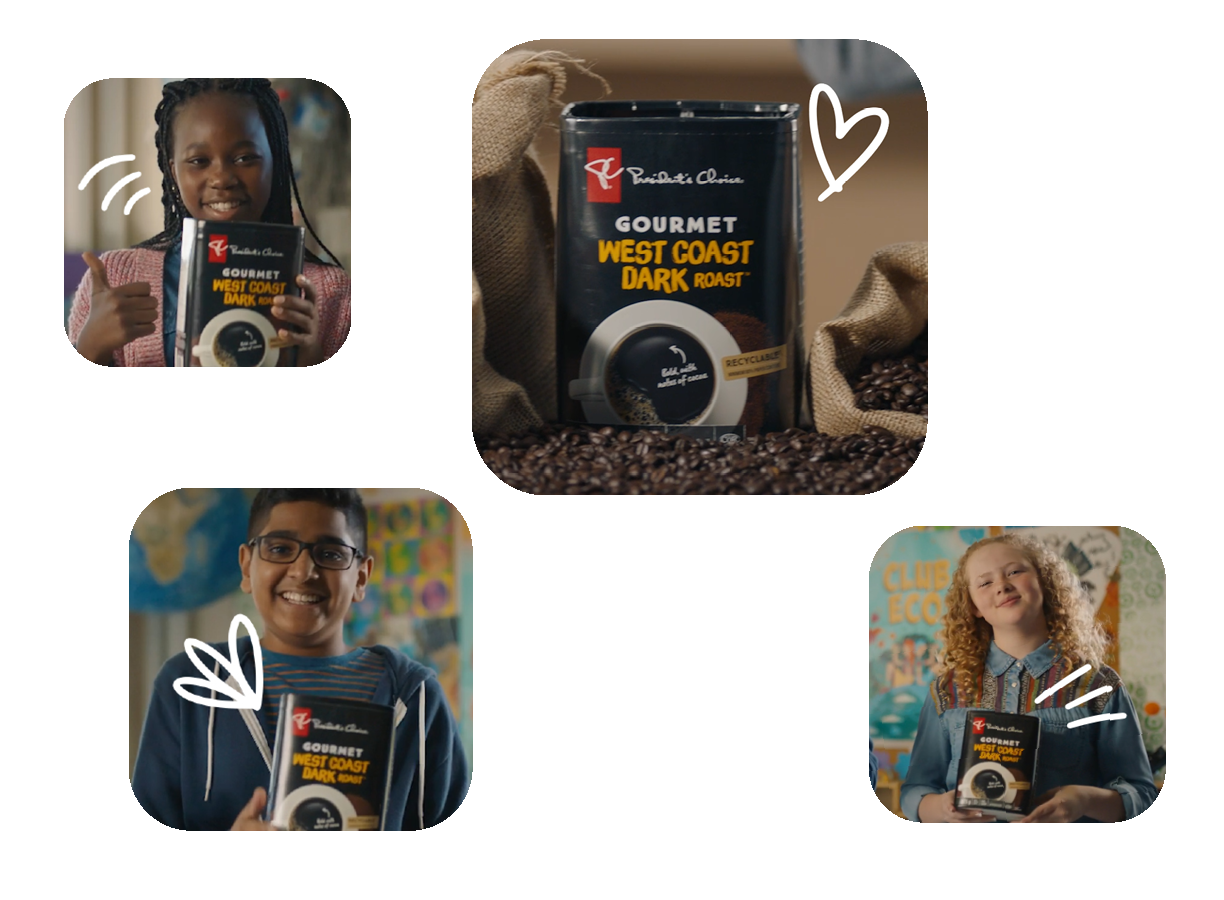 A picture of coffee and 3 other pictures of children also holding coffee