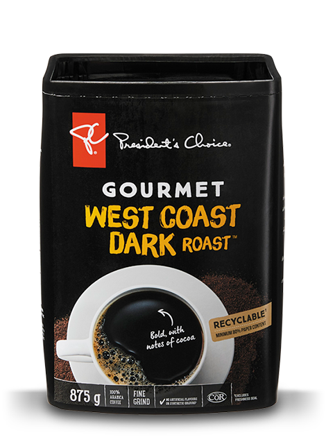 A bag of PC Gourmet West Coast Dark Roast coffee