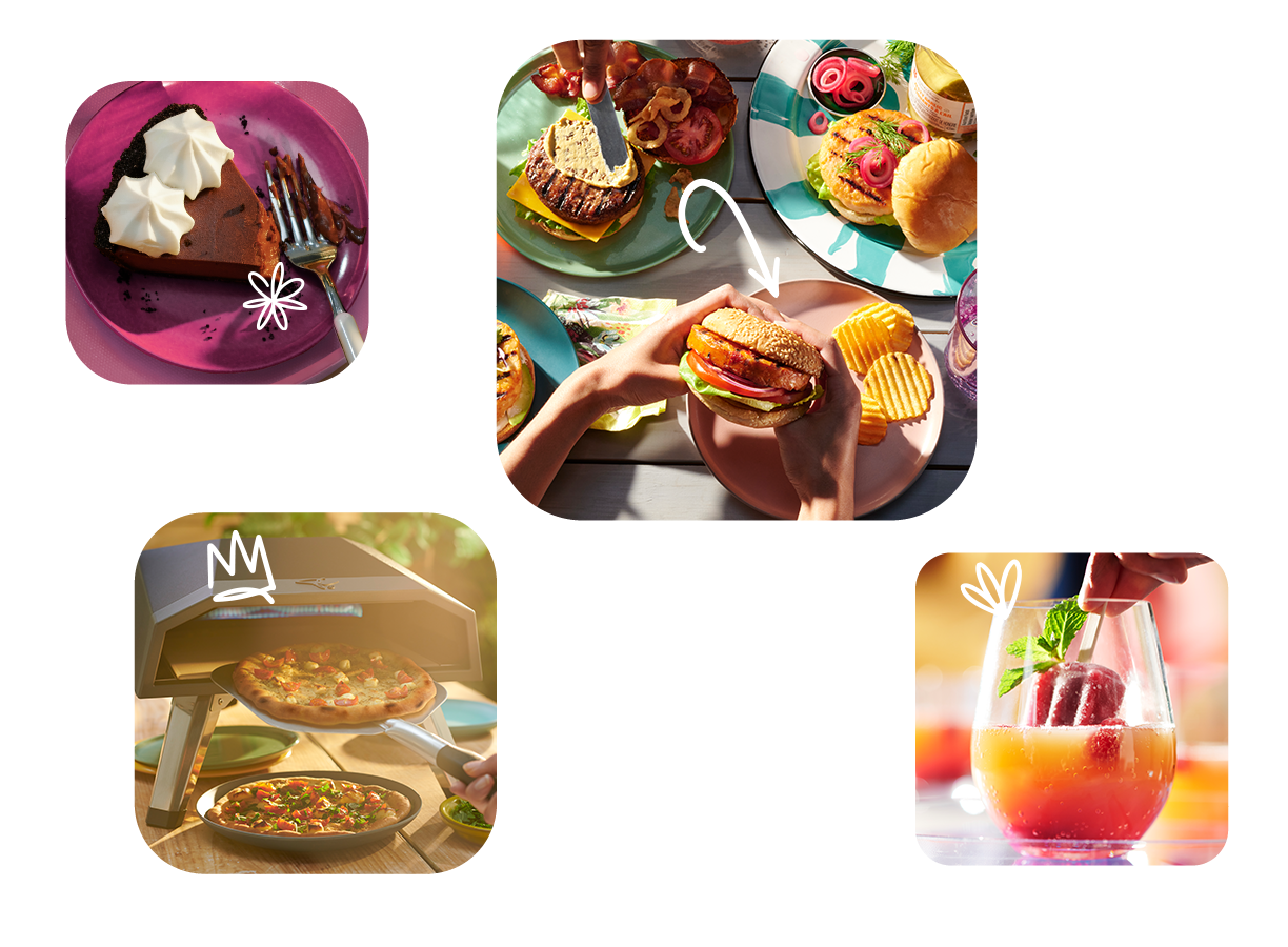 4 small images of summer time delights including  a berry coloured ice pop into a glass filled with orange juice, a pizza being pulled out of a PC Propane Powered Pizza Oven, Two hands holding a plant-based burger and a slice of PC Decadent Chocolate Cream pie on a plate.