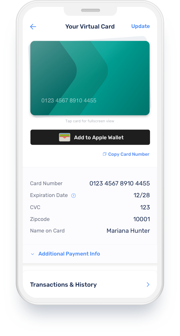 Screenshot of Extend virtual card app showing details of the virtual credit card.