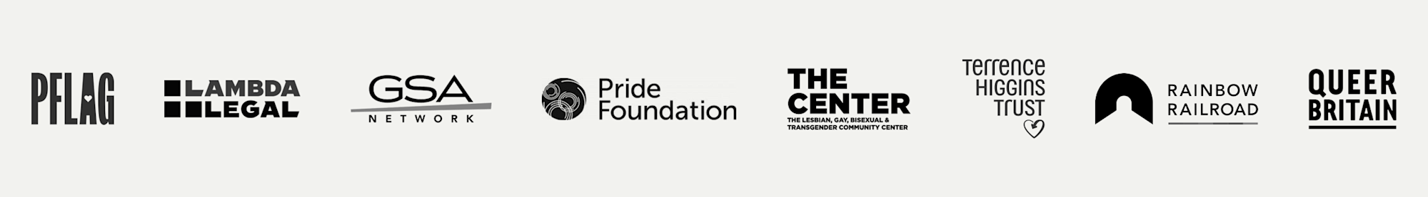 A row of logos for various LGBTQ+ organizations: PFLAG, Lambda Legal, GSA Network, Pride Foundation, The Center, Terrence Higgins Trust, Rainbow Railroad, and Queer Britain. Each logo features unique text styles and designs.