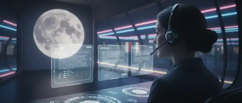 Call center agent wearing a headset looks at floating AI training panels with a simple summary and next steps on a glowing dashboard, with a moon-like wall projection and faint neon streaks in the background.