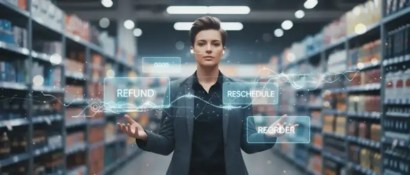 Retail associate wearing a headset in a softly lit store aisle, with translucent voice waveforms and UI tiles for refund, reschedule, and reorder floating around, illustrating retail AI assistance.