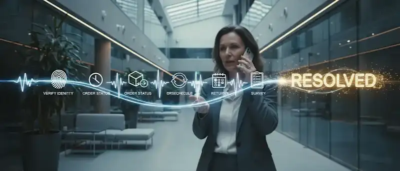 Businesswoman on the phone in a modern glass atrium, illustrating AI customer experience via voice, a glowing waveform links icons for verify identity, order status, reschedule, returns, and survey, ending in resolved.