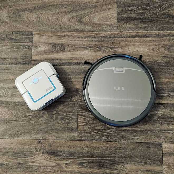 Overhead photo of iBraava jet robot mopper and ILIFE robot vacuum