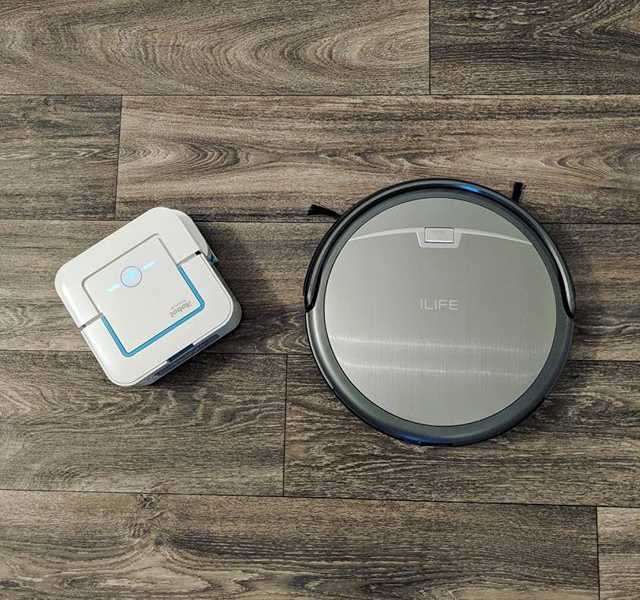 Overhead photo of iBraava jet robot mopper and ILIFE robot vacuum