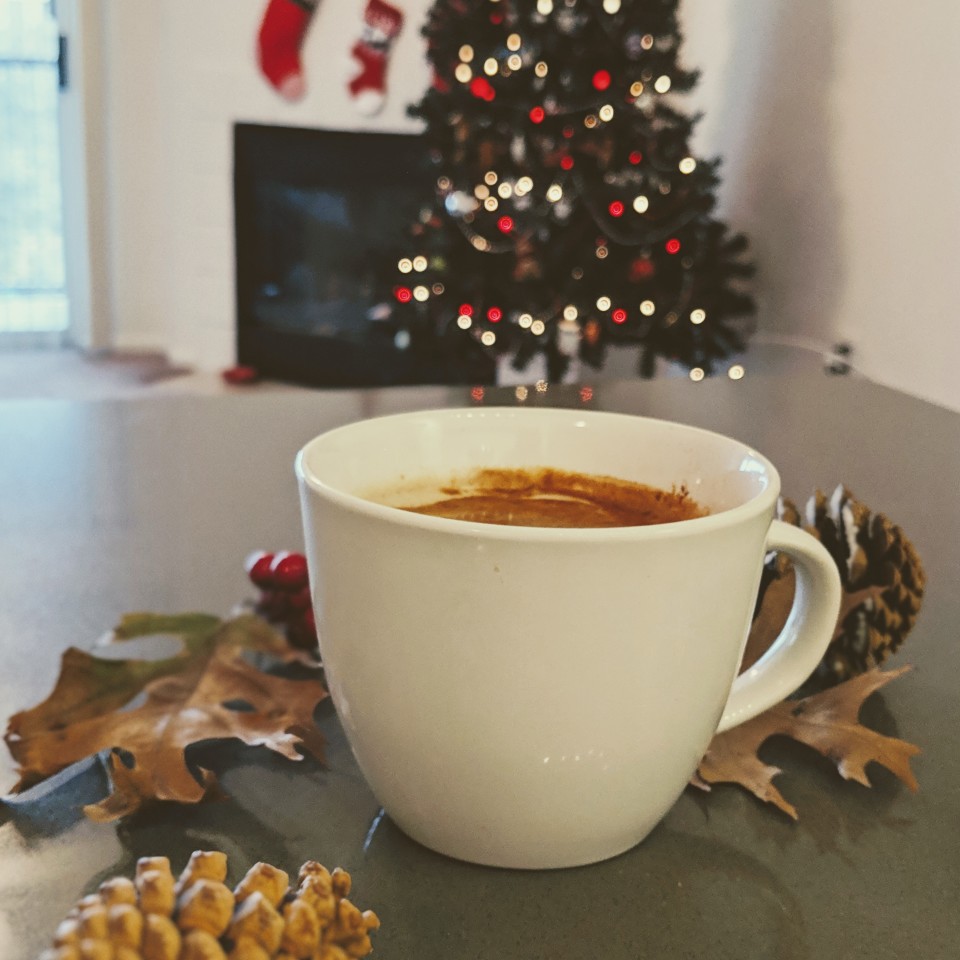 Side shot of chai tea latte mug surrounded by pinechones, fall leaves, and red berries with Christmas tree in background