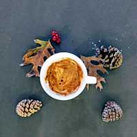 Overhead shot of chai tea latte mug surrounded by pinechones, fall leaves, and red berries