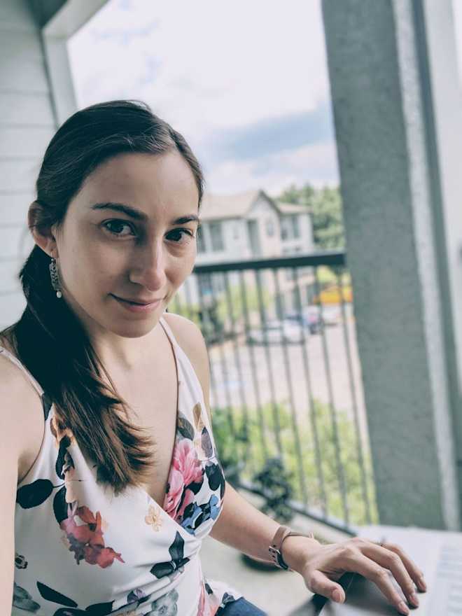 Author coding on the patio