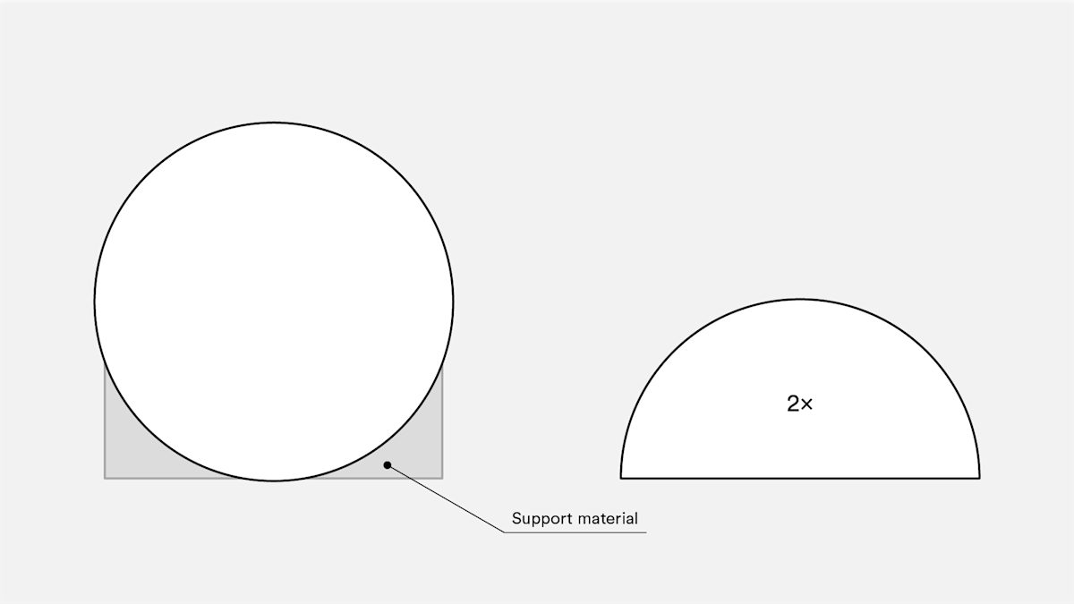 Illustration shows the difference when printing as one object or splitting the model to eliminate support material.