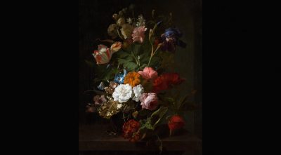 A photograph of the 1700 painting “Vaas met bloemen” by Rachel Ruysch