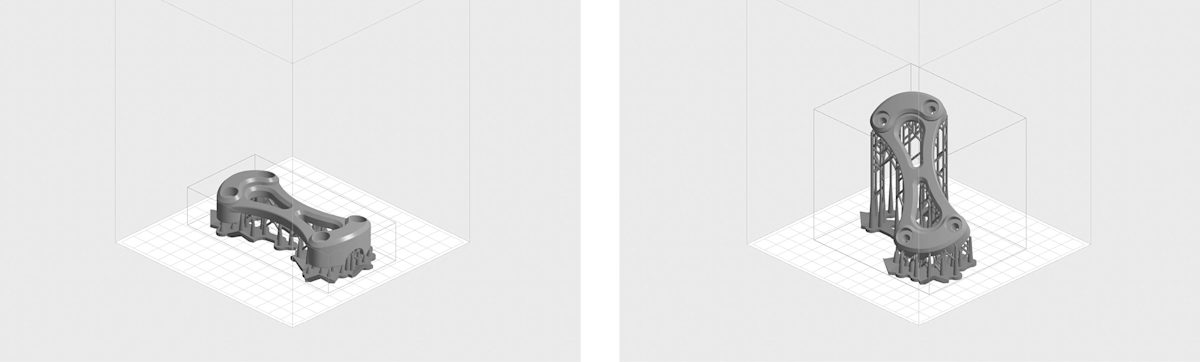 SLA part orientation for top-down and bottom-up printer.