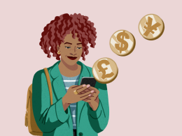 Ilustración de una mujer usando su móvil y de él salen 3 monedas.