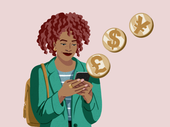 Illustration einer Frau, die ihr Handy benutzt und aus dem drei Münzen herauskommen.