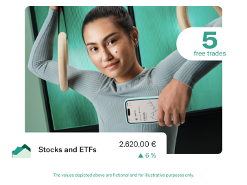 Gymnast wearing color teal clothes and holding a mobile showing investments. In the foreground there is a pop with the Stocks and ETFs balance.