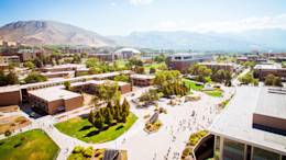 University campus aerial shot in the summer time.