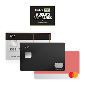 Carta N26 Standard, carta N26 You in Rabarbaro, carta premium N26 Metal con logo Forbes Best Bank.