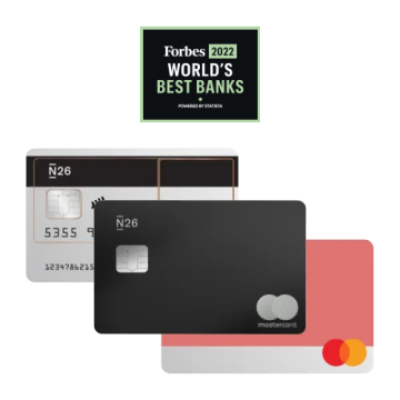 N26 Standard card, N26 You rhubarb card, premium N26 Metal card with Forbes Best Bank Logo.