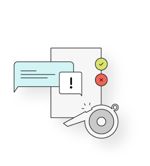 image of a whistle, a exclamation sign, dialogue box and two icons.
