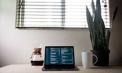 freelancer's desk with some items, computer, coffee mag, and plants.