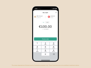 N26 app displaying Specify your purchase amount and tap Preview order.