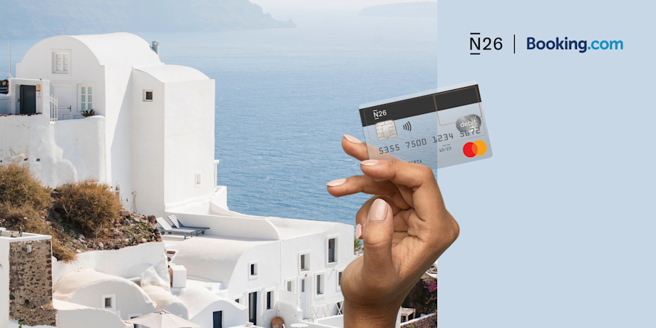 N26 and Booking.com partnership image that shows a beautiful view over the tranquil sea in Greece.