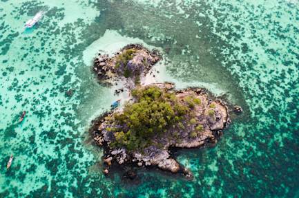 An aerial shot of a small, uninhabited island somewhere in the ocean.