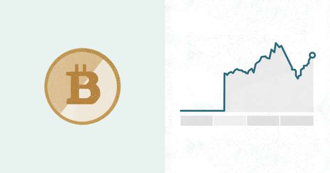 illustration showing an icon that represents a cryptocurrency in the left side, and a stock market graph in the right side.