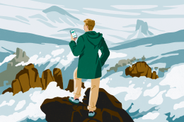 Illustration of a person on a mountain top over the clouds looking at their phone.