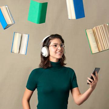 Woman listening to audiobooks with books around her head.