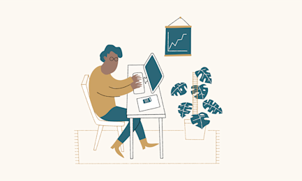 Person sitzt am Tisch vor dem Computer. Statistik im Hintergrund.