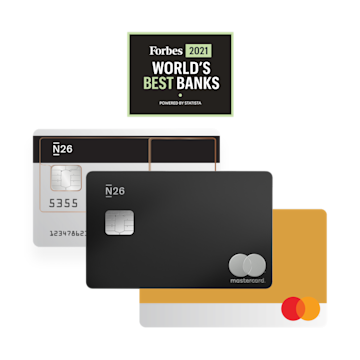 Tarjeta N26 Standard Bank, tarjeta YOU Account, tarjeta Premium Metal con el logotipo de Forbes Best Bank.