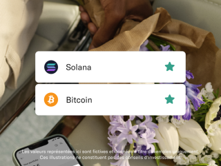 Pop-up montrant les pièces cryptographiques Solana et Bitcoin et quelques fleurs en arrière-plan.