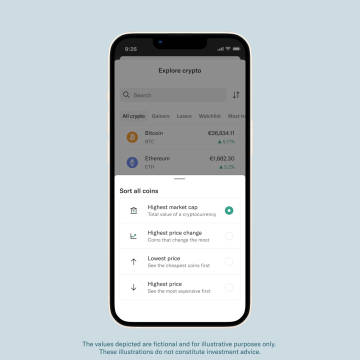 Phone with N26 app showing Crypto Explore feature.