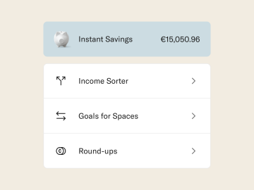 Image showing the balance in the savings account and the functionalities roundups, income sorters, goals for spaces.