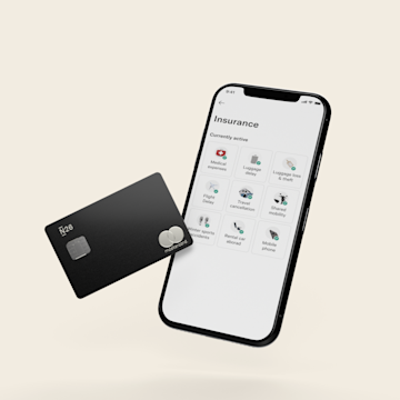 Image of N26 metal black card and N26 app showing the phone insurance section.