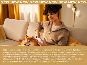 Woman sitting in a couch watching her mobile in company of her dog. In the foreground disclaimers of crypto.