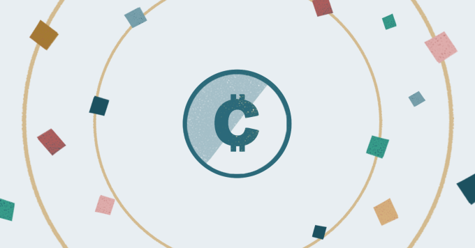 Illustration montrant une icône au milieu de l'image représentant une crypto-monnaie et entourée de cercles concentriques avec différents petits carrés le long de l'image.